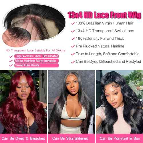 Human Hair Wig Body Wavy 13x4 HD Lace Front Wig 28Inch Human Hair Wigs Glueless Pre Plucked 180% Density Virgin Hair Natural Black (1B) For Women