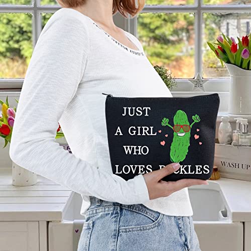 LEVLO Funny Pickle Cosmetic Bag Pickle Food Costume Party Gift Just A Girl Who Loves Pickles Makeup Zipper Pouch Bag Pickle Lover Gift(Loves Pickles Black)