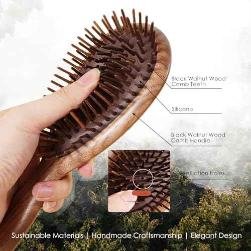 Lindale Walnut Wooden Hair Brush for Hair Growth with Natural Walnut Bristles Detangler Paddle Hairbrush for Massaging Scalp for Women Men, Reduces Static for Curly Hair with Ergonomic Handle Long