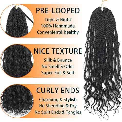 9 Packs Boho Goddess Box Braids Crochet Hair Bohemian Box with Curly Ends Pre-Looped Synthetic Hair Extensions for Black Women(24 Inch,1B)