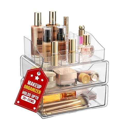 Clear Makeup Organizer - Acrylic Cosmetic Vanity Storage Organizers for Girls Dresser, Bathroom, Desk Counter - Plastic Make Up Holder, Jewelry Box (2-Drawer | Multi Compartments)