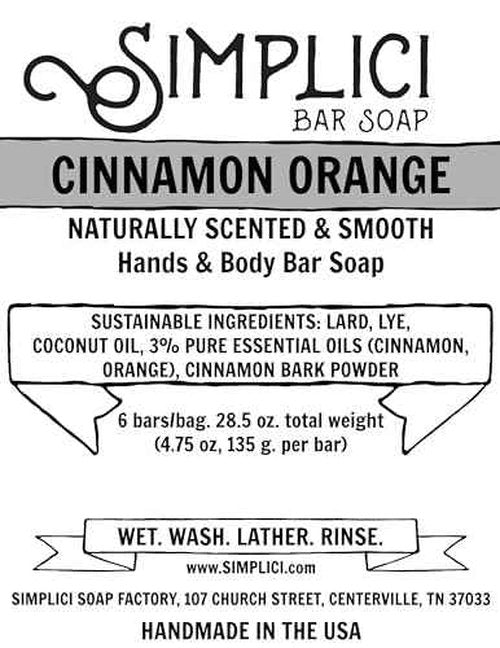 Simplici Cinnamon Orange Natural Soap (smooth + pure essential oils) 6 Bar Value Bag. Palm Free.