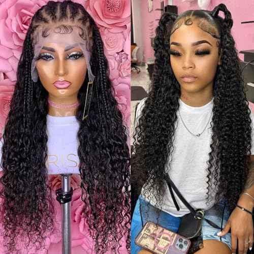 Deep Wave Lace Front Wigs - 13x6 HD Transparent Lace Frontal Wig for Black Women - 100% Real Curly Human Hair - Pre Plucked with Baby Hair - 180% Density (Black, 24 inch)