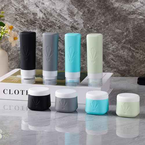INSFIT 8 Pack Silicone Travel Bottles & Cream Jars with Toiletry Bag, 3oz Leakproof Containers & 2oz Jars with Waterproof Labels, BPA-Free Squeezable Toiletries Set for Shampoo, Lotion, Cosmetics