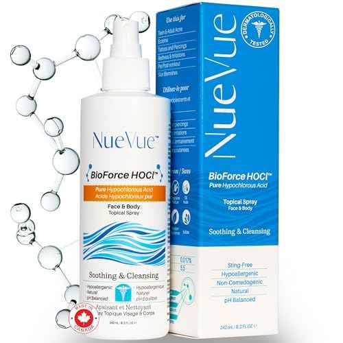 BioForce HOCl - Pure Hypochlorous Acid Spray for Face & Body - Acne-Prone Skin & Eczema, Piercing aftercare, Made in Canada, Gentle Skin Cleanser & Toner, pH Balanced, Non-comedogenic - NueVue (8.2oz)