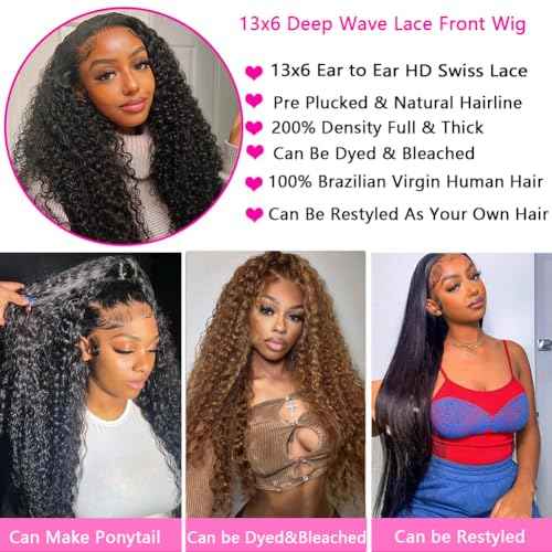 Deep Wave Lace Front Wigs Human Hair 13x6 HD Transparent Human Hair Lace Front Wigs Pre Plucked Deep Curly Human Hair Glueless Wigs for Women 200% Density Deep Wave Frontal Wigs with Baby Hair 26 Inch