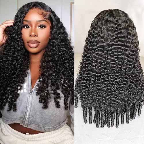 Half Human Hair Wig for Women - 18 Inch Burmese Spirally Curly Glueless Clip-In Wig, 200% Density, No Glue No Sew, Natural Black Color, No Leave Out V Shape Wigs,Heat Resistant & Easy Install