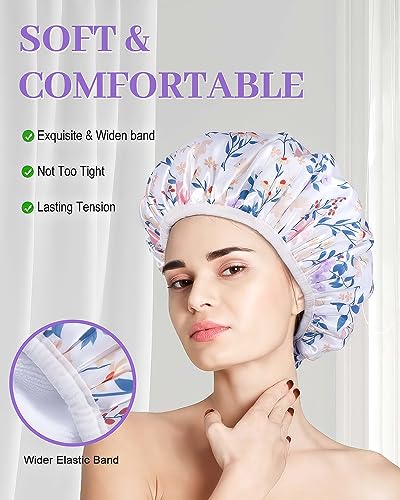 Aquior Shower Cap,Terry Cloth Lined Shower Cap for Women Reusable, Triple Layer Waterproof Bath Cap, Extra Large for Women Long Hair