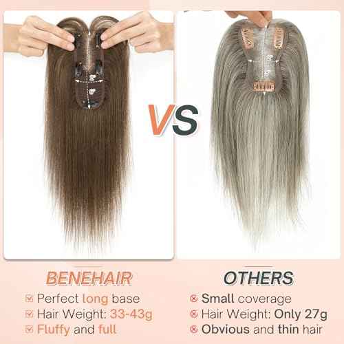 Benehair Hair Toppers for Women Real Human Hair 360¡Æ3D Clip in Bangs Toppers with Bang for Thinning 150% Density Hairpieces Lace Base Long Coverage Wiglet for Daily Use #02 Dark Brown 12Inch