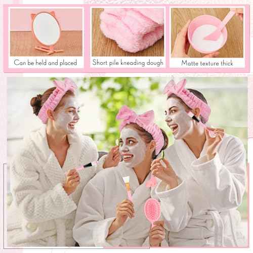 60 Pcs Spa Party Supplies for Women Pink Facial Mask Bowl Set with Facial Mask Bowls Spatula Brush Puff Measuring Scoop Basin Mirror Air Cushion Comb Headband Spa Birthday Party Favor