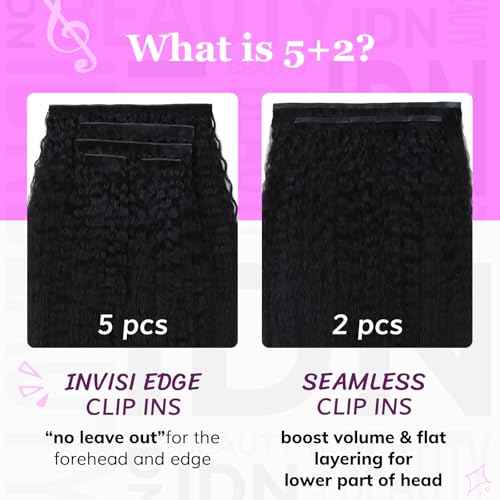 IDN BEAUTY 5+2 Invisi Edge Seamless Clip in Hair Extensions Human Hair Combo Pack, Kinky Straight 16 Inch 110g 5pcs Invisible Edge and 2pcs Seamless Clip ins for Black Women Natural Black No Leave Out