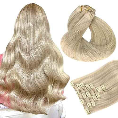 HOTBANANA Human Hair Clip in Hair Extensions, Ash Blonde Highlighted Platinum Blonde Hair Extensions 120g Clip in Hair Extensions Real Human Hair Straight Remy Hair Clip Ins 20 Inch 7pcs