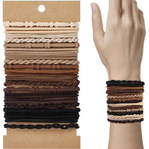 WantGor Boho Hair Ties, 20 PCS Hair Bands 4 Styles Neutral Hair Ties 2.36inch Cute Ponytail Holders Elastic Boho Hair Bracelets for Women Thick Thin Long Curly