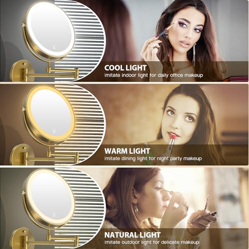 Wall Mounted Lighted Makeup Mirror,8" Rechargeable Double-Sided Light up Magnifying Mirror 1x/10x,3 Color Led Vanity Mirror with Lights,Touch Dimmable 360¡Æ Rotation-Antique Bronze