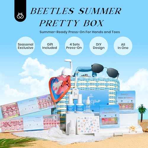 Beetles X Press Plus on Nails Kit Summer Pretty Box with Picnic Basket, All-in-One Summer French Tips Press on Nails Kit with Nail Gels and Tools Best Gift for Girls Women(2025 Limited Edition)