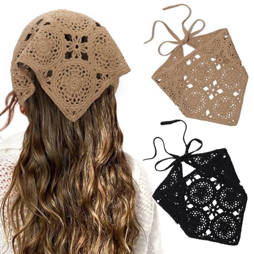 HAIMEIKANG Floral Crochet Hair Bandanas Headscarf 2 PCS Women Hair Scarf Daisy Headband Vintage Head Kerchief for Girls