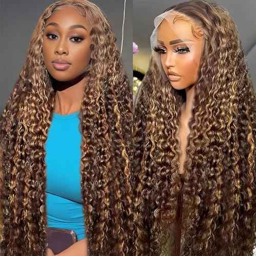 24 Inch Highlight Ombre Deep Wave Lace Front Wigs Human Hair Wig 13x6 Honey Blonde Wig Human Hair HD Glueless Deep Wave Wig 4/27 Colored Wet and Wavy Curly Wig Baby Hair for Women