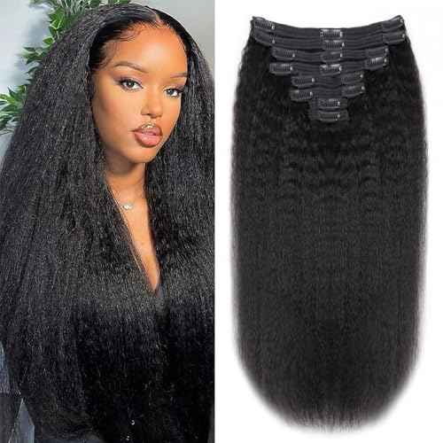 Kinky Straight Human Hair Clip in Extensions 120g Full Head Clip ins for Women 100% Unprocessed Brazilian Virgin Human Hair Yaki Straight Clip ins Remy Hair Natural Black 8Pcs 18Clips 26inch