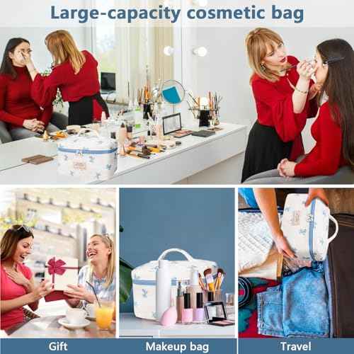 Large Makeup Bag, Cute Cosmetic Bag for Women Girls, Floral Coquette Aesthetic Toiletry Bag, Travel Make Up Organizer Bag (White Blue Butterfly Flower)
