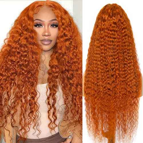 Curly Human Hair Wig 13¡¿6 Deep Wave Lace Front Wigs Human Hair 180 Density Deep Wave Wigs with Hairline Ginger Wig Human Hair 350# Colored 24 Inch