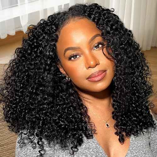 V SHOW Hair V Part Wig Human Hair Kinky Curly Upgrade U Part With Adjustable Drawstring 180% Density V Shape Clip In Half Wig For Women Natural Color 18 Inch