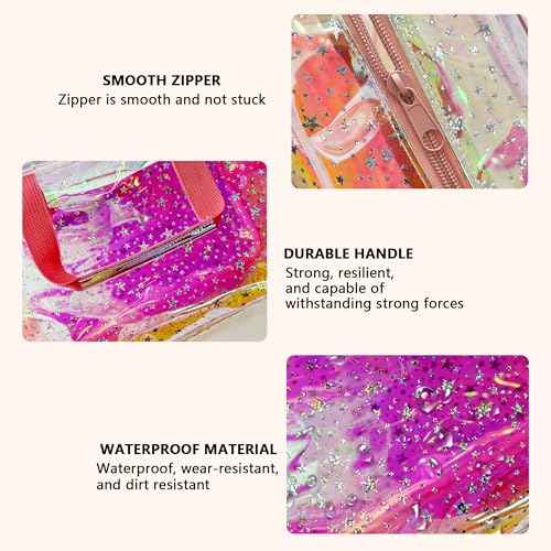 TPU Holographic Clear Star Large Cosmetic Bag and Travel Pouch with Handle,Durable TPU Material,Zipper Design-Ideal for Makeup,Travel Essentials (Holographic pink)
