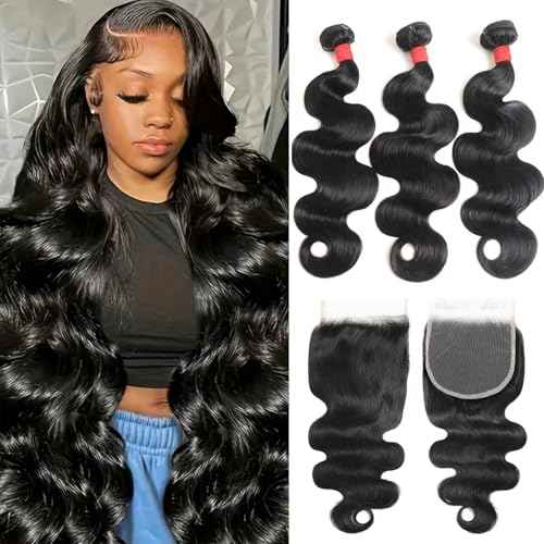 Bundles with Closure Human Hair (20 22 24+18) Body Wave 3 Bundles with 5x5 HD Closure 100% Human Hair 12A Unprocessed Virgin Hair Natural Black