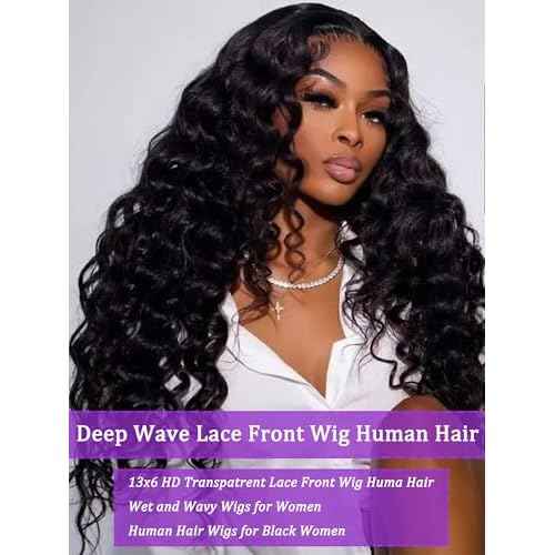 Deep Wave Lace Front Wigs Human Hair 13x6, Real Remy Virgin Human Hair Wig for Black Women, 180 Density, Daily Wear Suitable Pre Plucked with Baby Hair, Natural Color, 24 inch