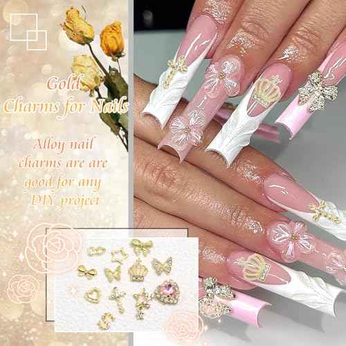 180PCS Gold Nail Charms: Cross Crystal Star, 3D Gold Butterfly, Sparkly Crown, Shiny Dollar Sign, Bling Cross Bowknot Starlight for Nail Art and DIY