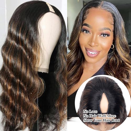 Xagujpo #FB30 Ombre Brown Body Wave V Part Wigs Human Hair Upgrade U Part Human Hair Wigs for Black Women Balayage Highlight Glueless U Part Wig No Sew In 180% Density 20inch