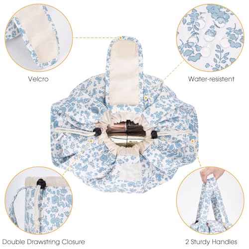 Narwey Barrel Drawstring Makeup Bag Large Floral Cosmetic Bag Make up Bags Toiletry Bag Travel Bags for Toiletries Organizer for Women Gift for Teen Girls (Little Blue Flower) (Patent)