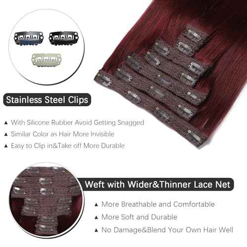 Clip in Hair Extensions Real Human Hair - 18 Inch 120g 7pcs, Burgundy Red Color - Soft Remy Human Hair Clip in Extensions Straight Double Weft for Women (#99J 18 Inch)