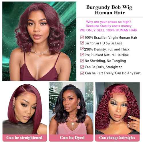 13X6 18inch 99J 230% Density Bob Body Wave Burgundy Wig Human Hair Bob Wig Human Hair Body Wave Lace Front Wigs Human Hair Pre Plucked With Baby Hair HD Transparent Lace Frontal Wig