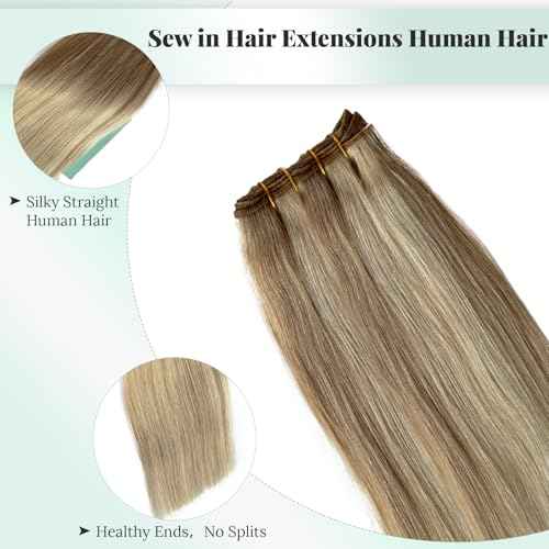 Weft Hair Extensions Real Human Hair Bundles Highlight Blonde Sew in Hair Extensions 18 Inch 100G Soft Natural Beige Blonde and Platinum Highlights Human Hair Weft Weave Bundles for Women