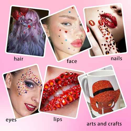NIACONN 1760 Pcs Red Hair Jewels Face Gems Stick on, Self Adhesive Glitter Rhinestones Stickers for Women Body Eyes Nails Festival Halloween Makeup & Crafts