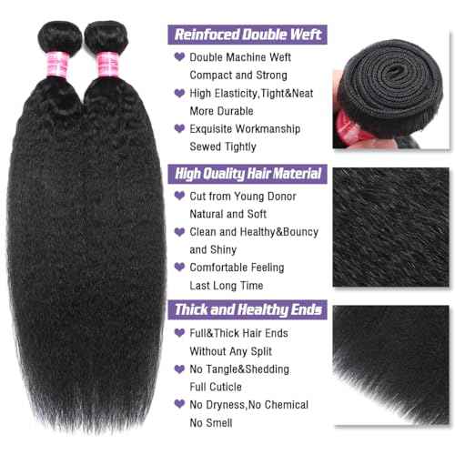 Kinky Straight Bundles Human Hair(16 18 20 Inch) Salon Quality 12A 100% Unprocessed Brazilian Virgin Silky Yaki Straight Human Hair Bundles Hair Weft for Black Women Natural Color