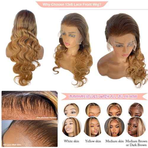 Highlight 13x6 HD Transparent Lace Front Wigs Human Hair Ombre P4/27 Colored Honey Blonde Frontal Wigs 150% Density Balayage Body Wave Human Hair Lace Frontal wig Pre Plucked with Baby Hair for Women