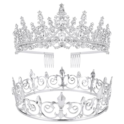 VELSCRUN 2 Pcs Tiara Crown for Men Women, Silver Crowns for Men Metal, King Queen Crown Tiaras, Prince Crown Princess Tiaras for Girls, Birthday Prom Wedding Halloween Party Hair Accessories B