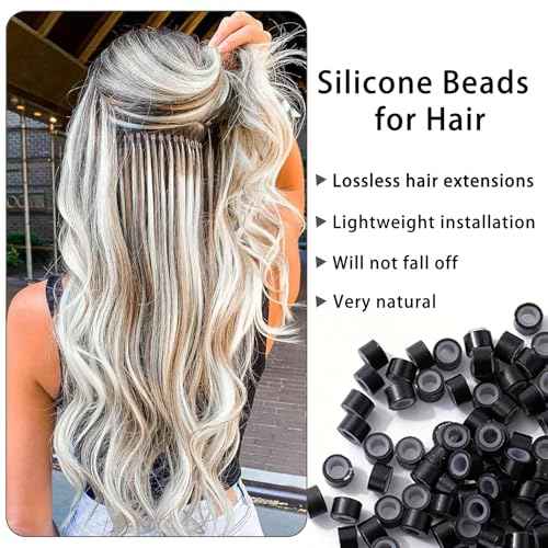 1500Pcs Silicone Beads for Hair Extensions, 3Colors 5mm Silicone Lined Beads Microlink Rings Hair Extensions Tool (Brown-Black-Blonde)