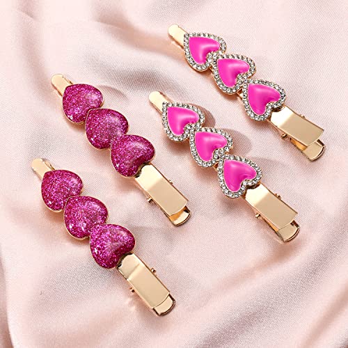 Valentine’s Day Hair Clips Sparkly Rhinestone Enamel Cupid Heart Hairpins for Women Girls Sweet Romantic Triple Love Alligator Clips Barrettes Pretty Styling Hair Accessory Party Gifts (4 packs) (A1:Rosy(rhinestone+glitter))