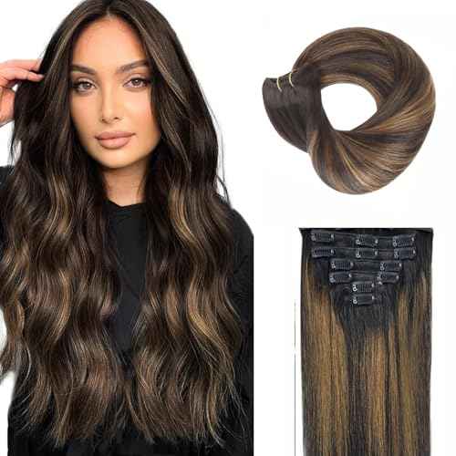 SIYUSI Clip in Hair Extensions Real Human Hair, 100% Brazilian Remy Human Hair Clip Ins, Invisible & Scalp-Friendly, Natural Black Mixed Chestnut Brown,7Pcs 4.23oz, 22 Inch
