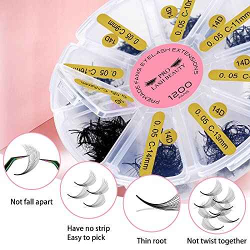 1200 Fans Premade Fans Eyelash Extensions Premade Volume Lash Extension Mixed Tray From 5D to 14D Handmade Lashes Bulk Promade Fans Soft Pointed Fans 14D-C-0.05-9-16mix