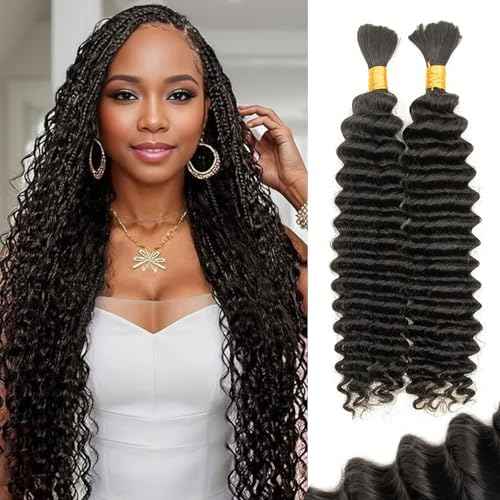 Water Wave Braiding Hair 20 Inch 2 Bundles No Weft, Brazilian Virgin Hair for Boho Braids Curly Human Hair Extensions Natural Black (20In,1B)