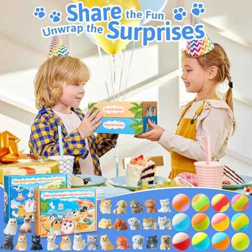 Bath Bombs for Kids with Surprise Inside, 24 Pack Kids BathBombs with Puppy & Cat Toys, Child-Safe Natural Bath Bombs with Toys Inside for Girls and Boys, Birthday Party Favors