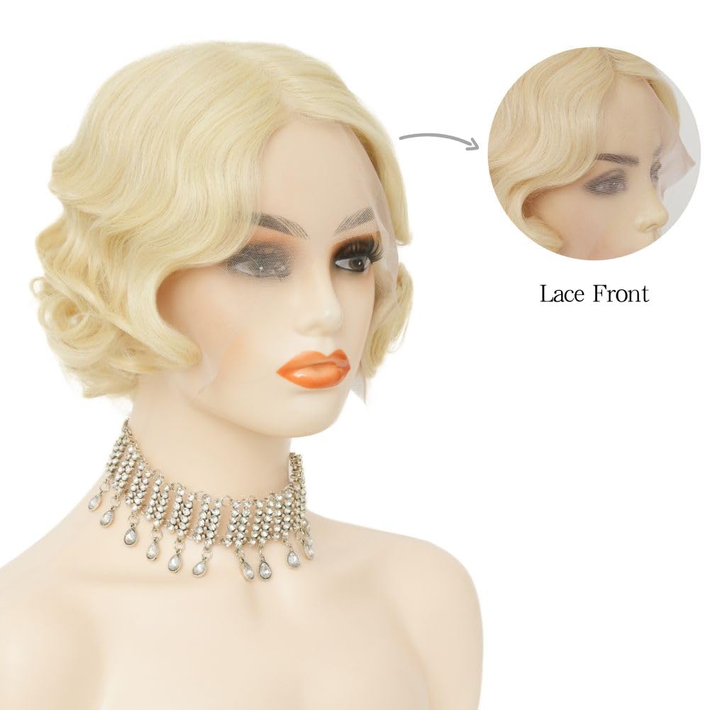 Siudus Blonde Lace Front Finger Wave Wig for Women Short 1920s Curly Wig Natural Synthetic Heat Resistant Fibre Hiar for Cosplay Daily Use