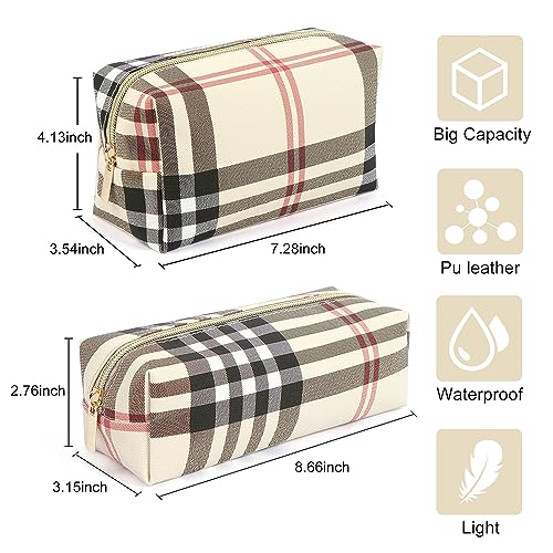 MAANGE Small Makeup Bag for Purse, 2 PCS Cosmetic Bag for Women Travel Makeup Pouch Leather Make up Bag Portable Zipper Pouch Brushes Bag - khaki plaid