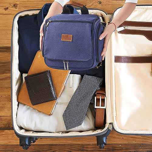 Canvas Toiletry Bag for Men Shaving Dopp Kit Bulk Travel Hanging Makeup Organizer with Sturdy Metal Hook Portable Cosmetic Bag for Women with Large Capacity Blue