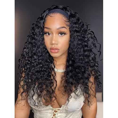 Julia Hair 12A Headband Human Hair Wigs Water Wave None Lace Front Glueless Wig With Pre-attached Scarf for Black Women Curly Deep Wave Put and Go Wig Natural Beginner-Friendly 18 Inch