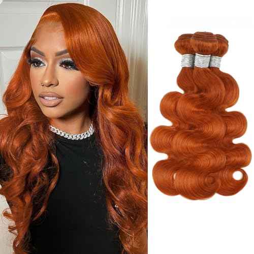 ALHER #350 Ginger Bundles Human Hair Body Wave 100% Brazilian Virgin Remy Human Hair Sew In Weave Wavy 3 Ginger Bundles for Black Women 12A Soft Thick Copper Orange Color 16 18 20 Inch