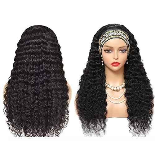 Aiterina Headband Wig deep wave human hair wigs for Black Women Brazilian Remy Hair Glueless Non Lace Front Wig 150% Density Natural Color (8 inch, Headband Wig Deep Wave)